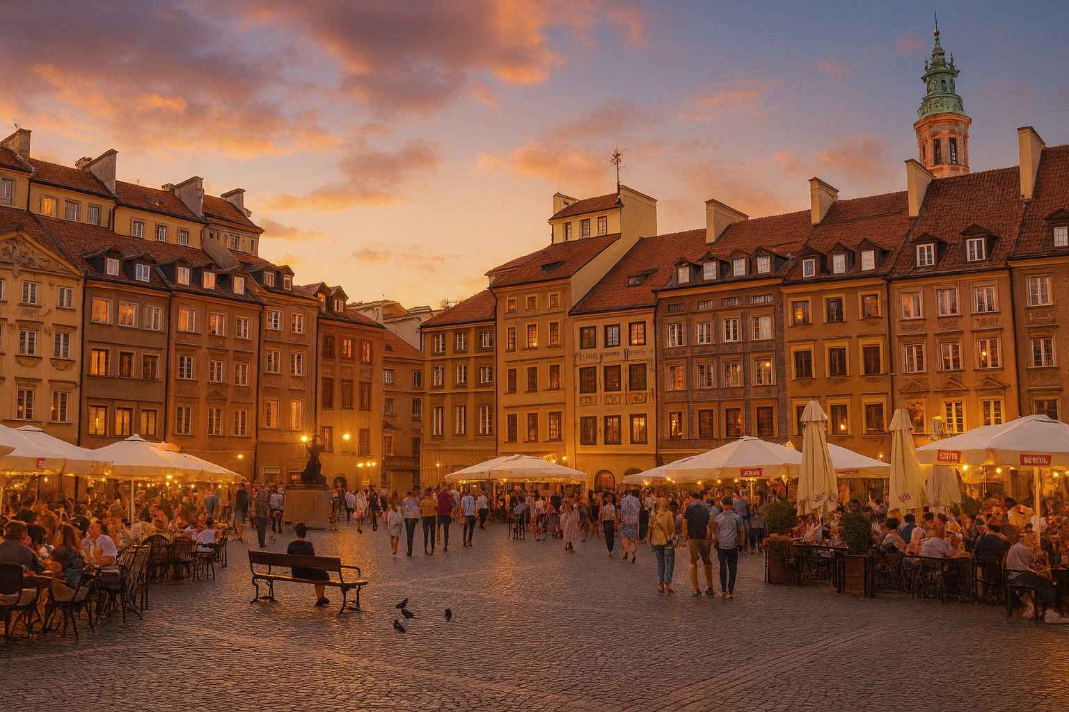Früher Abend in der Altstadt von Warschau mit beleuchtetem Straßencafé und vielen Menschen auf dem Platz.