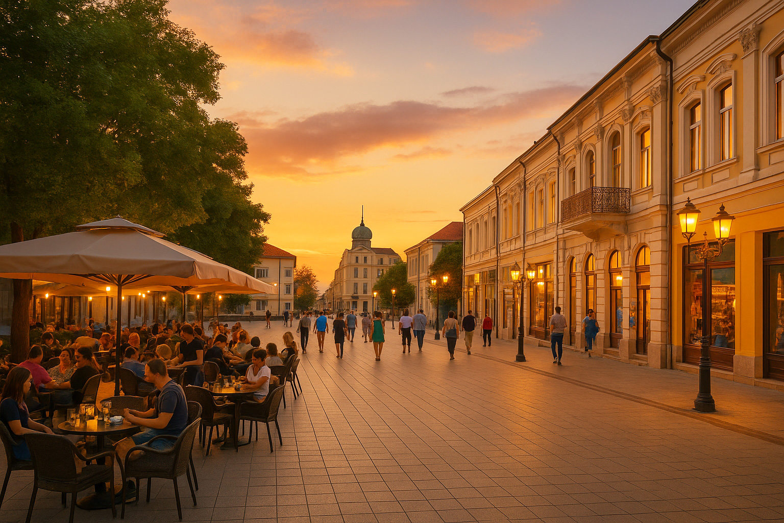 Fußgängerzone und Stadtplatz in Widin am frühen Abend mit beleuchteten Schaufenstern, Straßenlaternen, Spaziergängern und Straßencafé bei Sonnenuntergang.