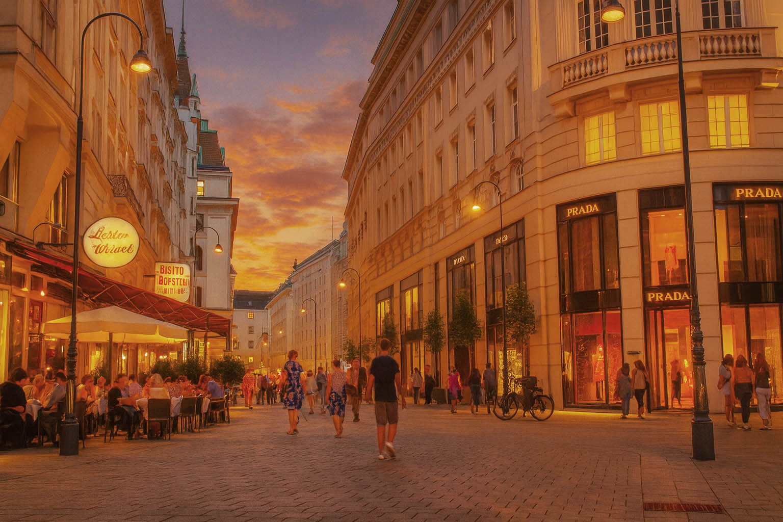 Abendstimmung in der Altstadt von Wien mit beleuchtetem Straßencafé, hell erleuchteten Schaufenstern, Straßenbeleuchtung und Spaziergängern unter farbenfrohem Sonnenuntergangshimmel.