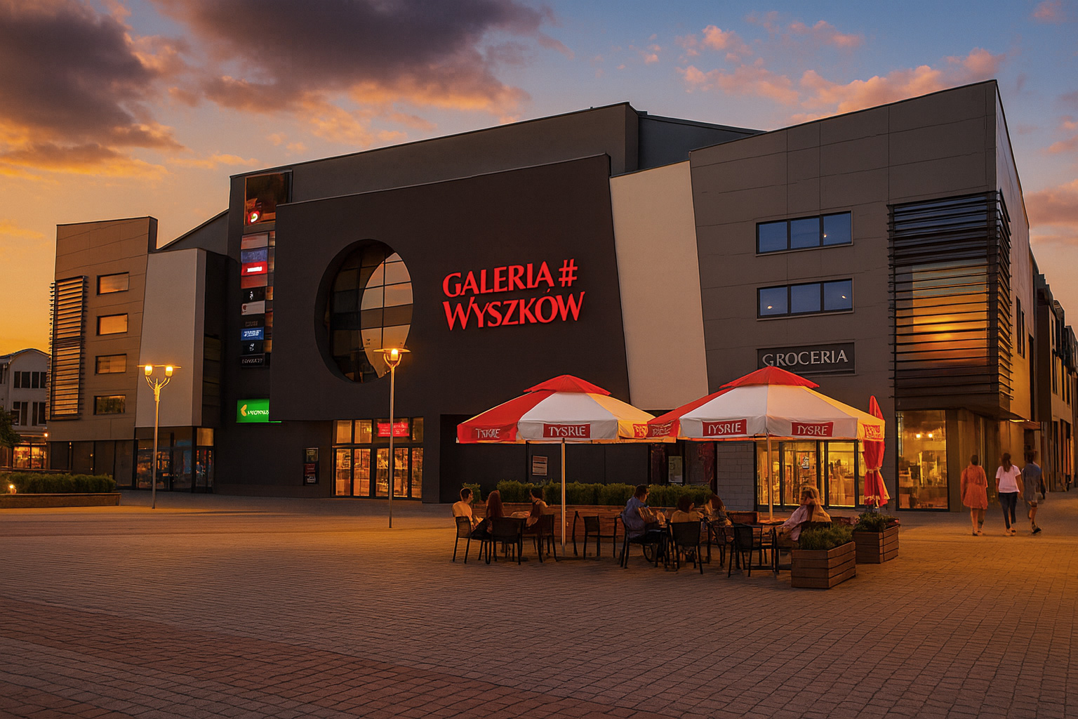 Früher Abend am Einkaufszentrum in Wyszków mit gepflastertem Platz und Straßencafé vor dem Eingang.