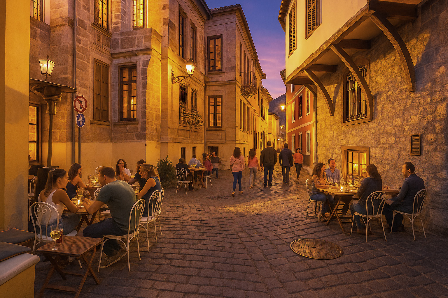 Belebte Altstadtgasse in Xanthi am Abend mit beleuchtetem Straßencafé, Spaziergängern und historischen Fassaden im warmen Sonnenuntergangslicht.