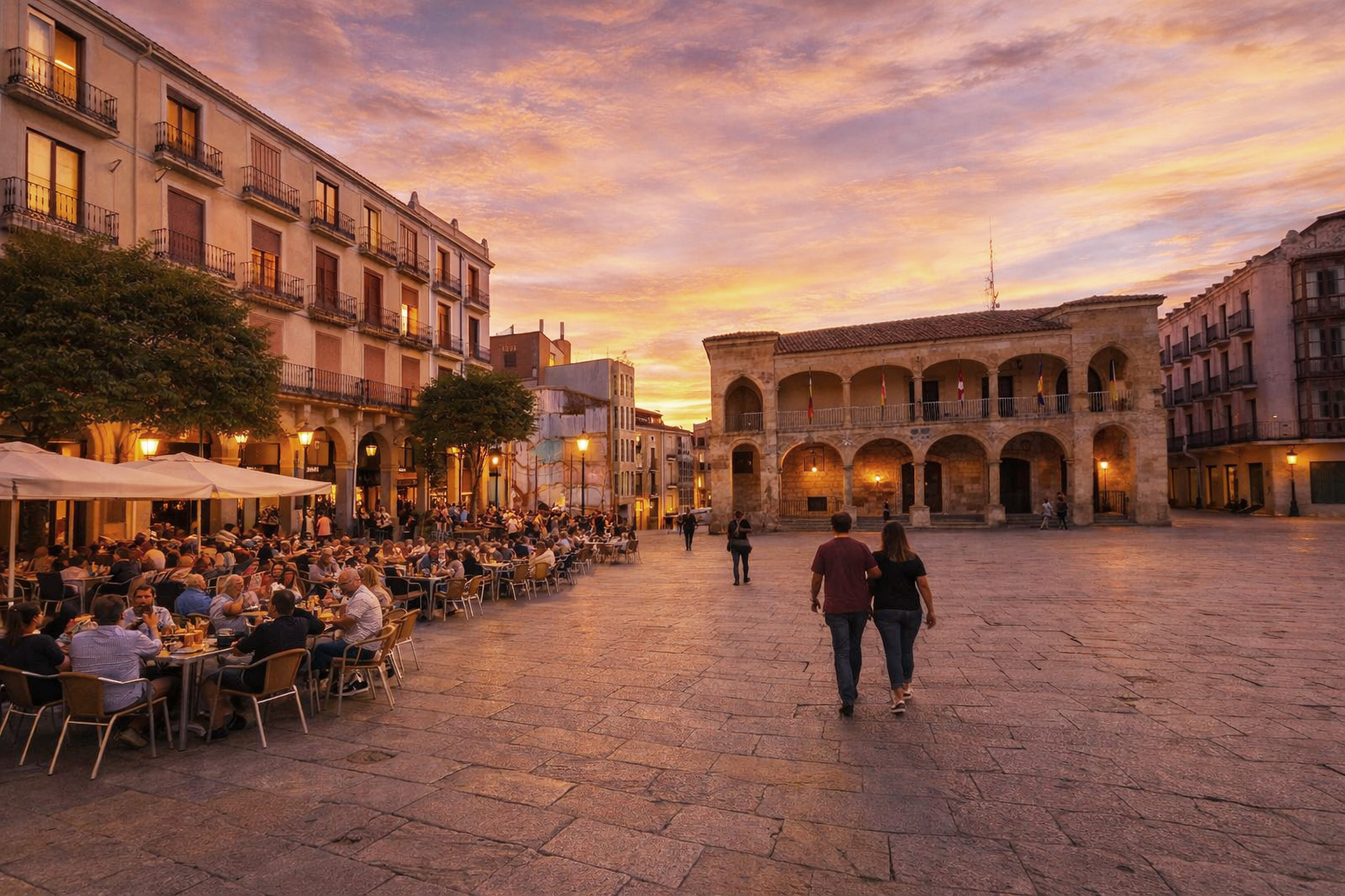 Großer historischer Platz mit Arkaden und steinernem Rathaus, warmem Sonnenuntergangshimmel, eingeschalteten Laternen, beleuchteten Fenstern und belebtem Straßencafé links mit Gästen sowie Spaziergängern
