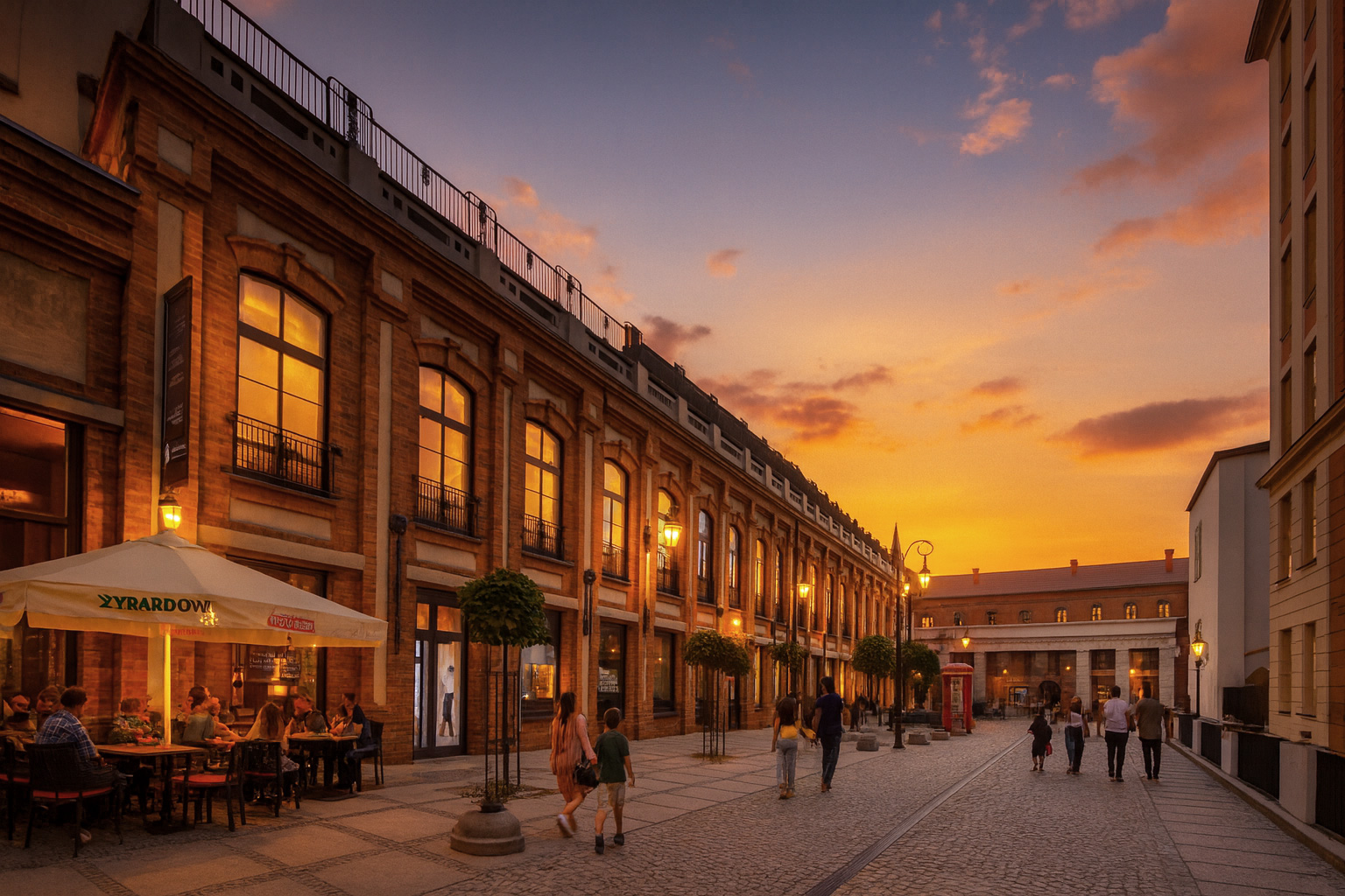 Früher Abend in der Fußgängerzone von Żyrardów mit beleuchtetem Straßencafé, Spaziergängern und erhellten Fenstern im Backsteingebäude.