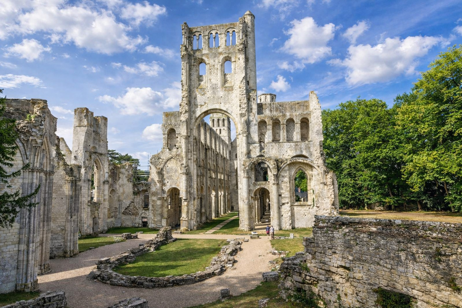 Weitläufige Ruinen der Abbaye de Jumièges mit monumentalen Steinbögen, erhaltenem Westwerk und begrünten Innenflächen unter blauem Himmel mit lockeren Wolken