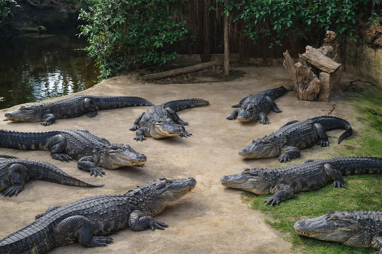 Mehrere Alligatoren liegen in unterschiedlicher Anordnung auf einem sandigen Uferbereich neben einem dunklen Wasserbecken, umgeben von Felsen, Holzstämmen und dichter grüner Vegetation in einer Tierpark-Anlage