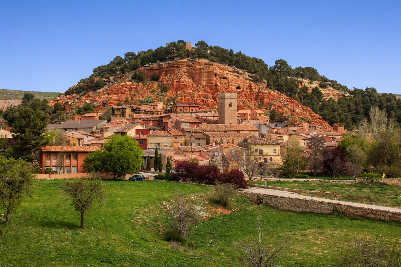 Blick auf das Dorf Anento mit kompakten Häusern in warmen Erdtönen und einem markanten Kirchturm, davor grüne Wiesen und Bäume, dahinter ein rot schimmernder Felsrücken mit Kiefern unter klarem blauem Himmel