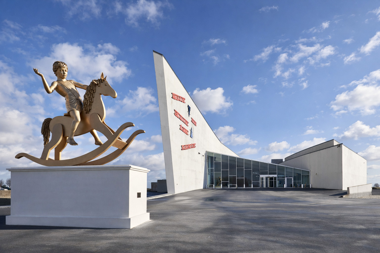 Moderne, weiße Museumsarchitektur des ARKEN mit markantem schiffsbugartigen Baukörper und großer Glasfront, davor eine goldfarbene Skulptur einer Person auf einem Schaukelpferd auf hohem Sockel, klarer Sonnenschein mit kräftigen Schatten und leicht veränderte Wolken am blauen Himmel