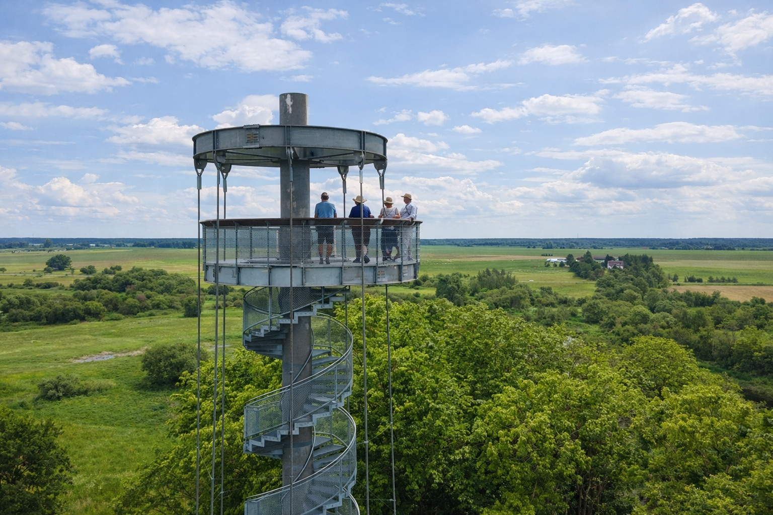 Moderner Aussichtsturm Krekenava mit runder Metallplattform und spiralförmiger Treppe, hoch über grünen Baumkronen und weiten Wiesenlandschaften, mehrere Besucher auf der Plattform mit Blick in die Ebene, kräftiges Sonnenlicht mit klaren Schatten und leicht veränderte Wolken am Himmel