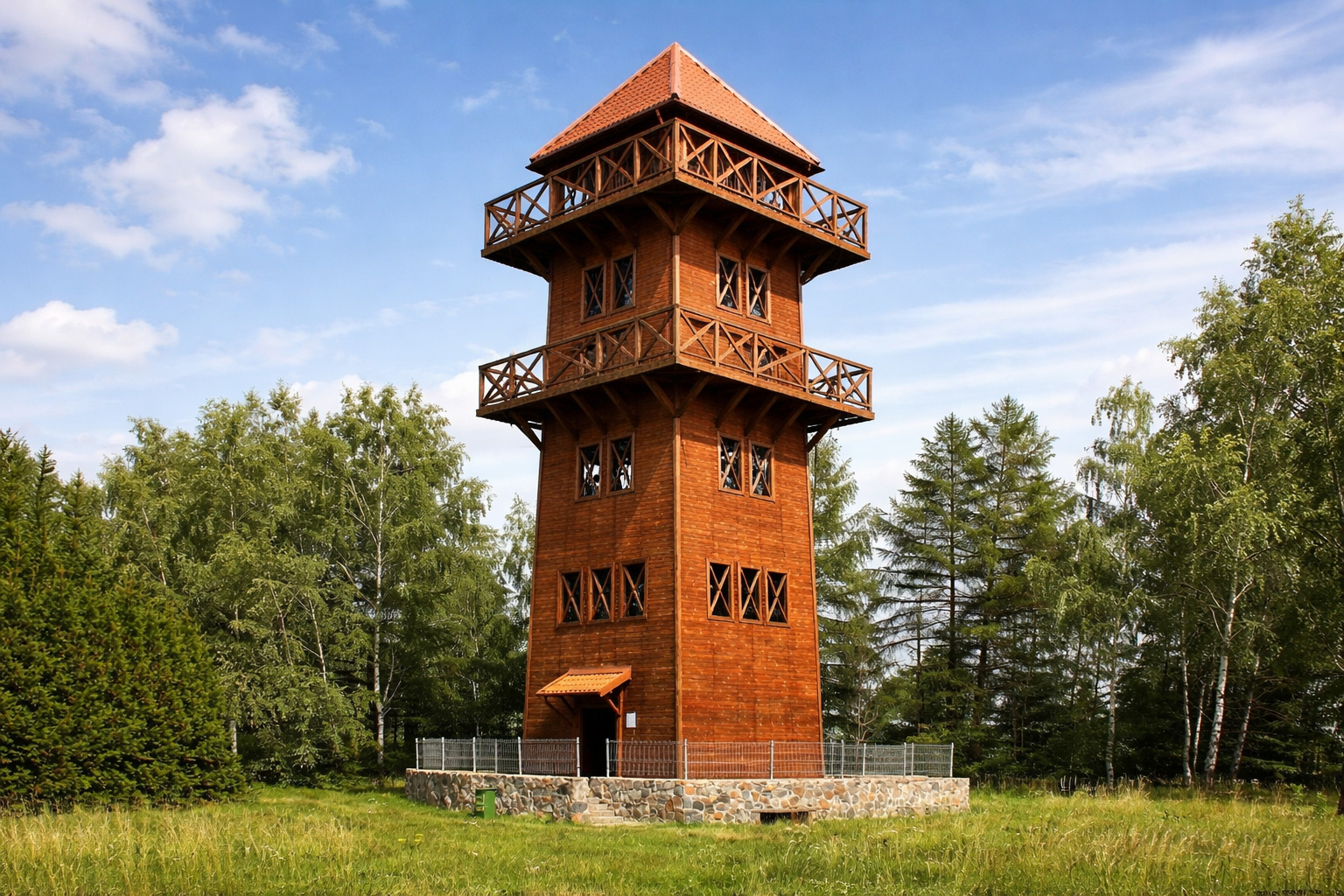 Holzerner Aussichtsturm bei Stare Juchy auf einer Wiese am Waldrand mit mehreren Aussichtsebenen und hellem Himmel mit lockeren Wolken