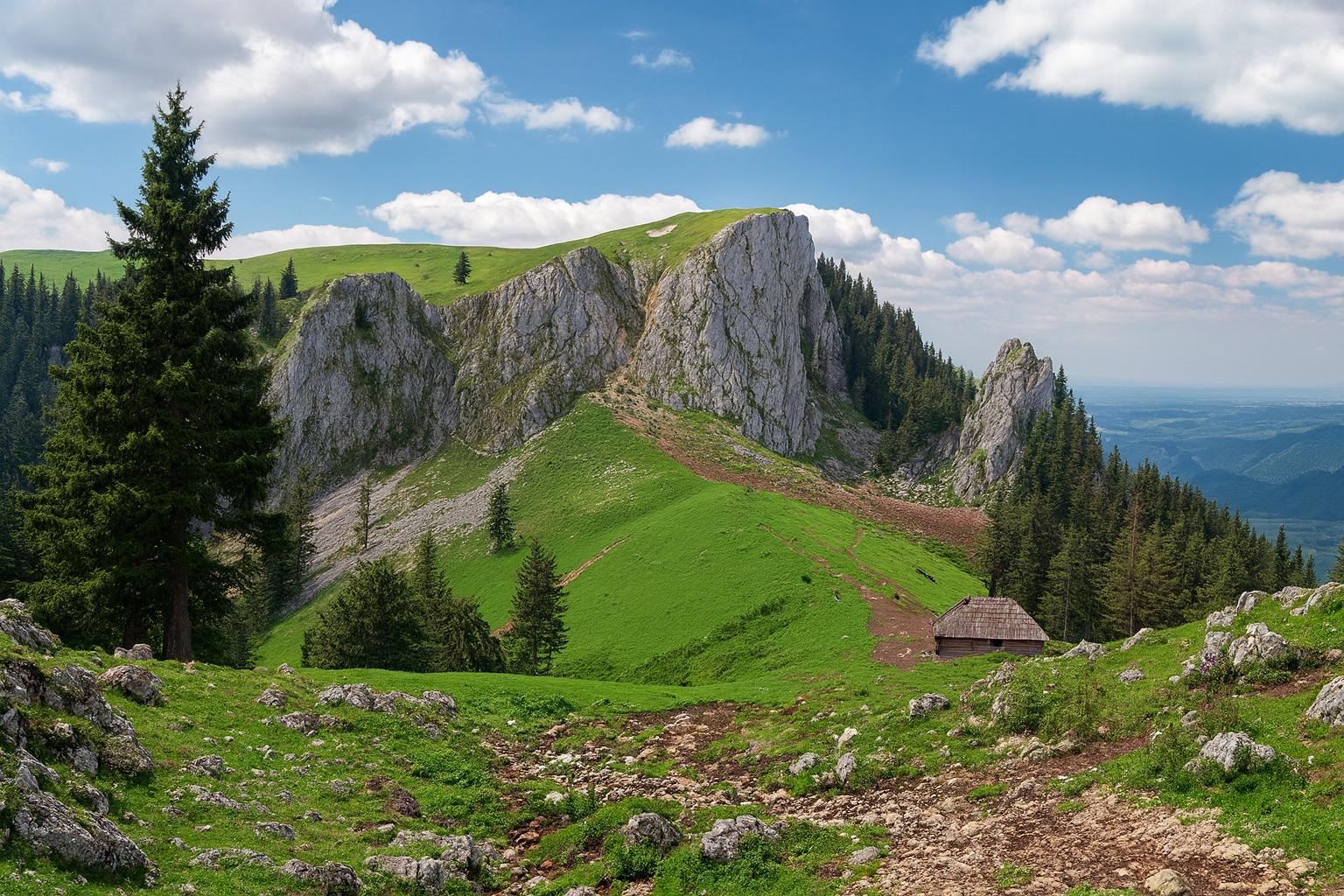 Der Buila-Vânturarița Nationalpark in Rumänien mit grünen Hängen, Felsklippen, malerischen weiß-grauen Wolken und klarer Sicht