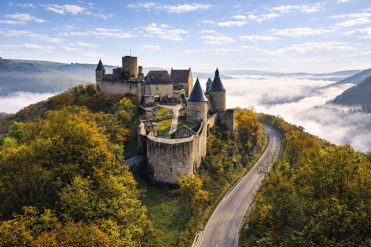 Luftaufnahme der Burg Bourscheid hoch über einem nebeligen Flusstal, mächtige mittelalterliche Mauern und Rundtürme zwischen herbstlich gefärbten Wäldern, geschwungene Straße am Hang, klares Sonnenlicht mit kräftigen Schatten unter einem Himmel mit leicht veränderten, feinen Wolken