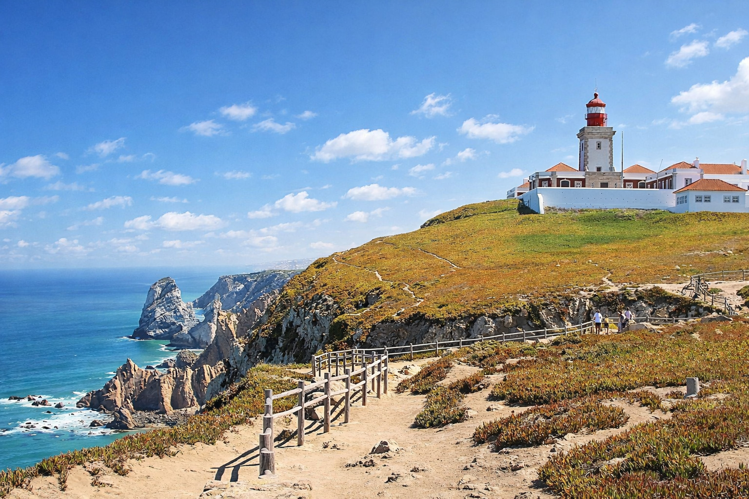 Weitläufige Klippenlandschaft am Cabo da Roca mit Leuchtturm auf einer grasbewachsenen Anhöhe, schmalem Wanderweg mit Holzgeländer und steil abfallender Atlantikküste mit markanten Felsformationen