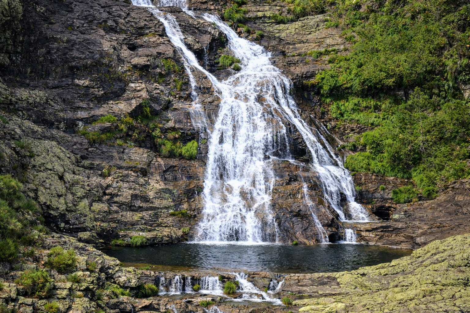 Cascata das Fisgas de Ermelo mit breitem Wasserfall, der über gestufte dunkle Felsplatten in ein ruhiges Naturbecken stürzt, umgeben von moosigen Steinen und dichtem Grün an der Felswand im klaren Sonnenlicht
