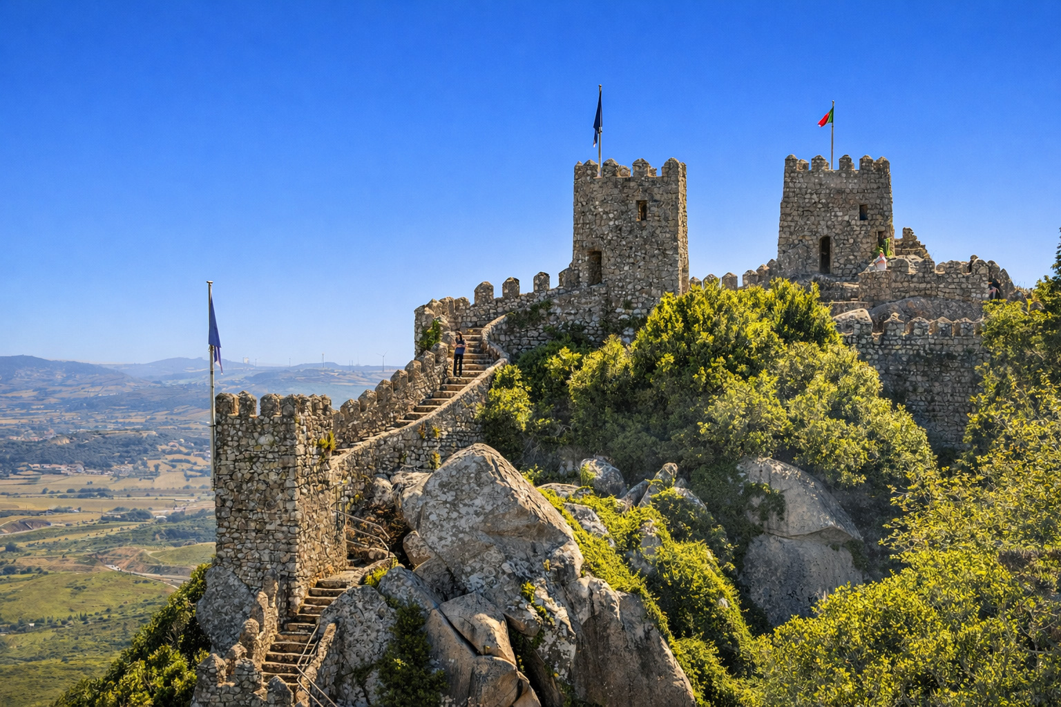 Mittelalterliche Steinburg Castelo dos Mouros auf einem felsigen Bergrücken bei Sintra mit Zinnenmauern, Treppenweg und zwei Wehrtürmen, umgeben von grüner Vegetation und weitem Blick ins Tal unter klarem blauem Himmel
