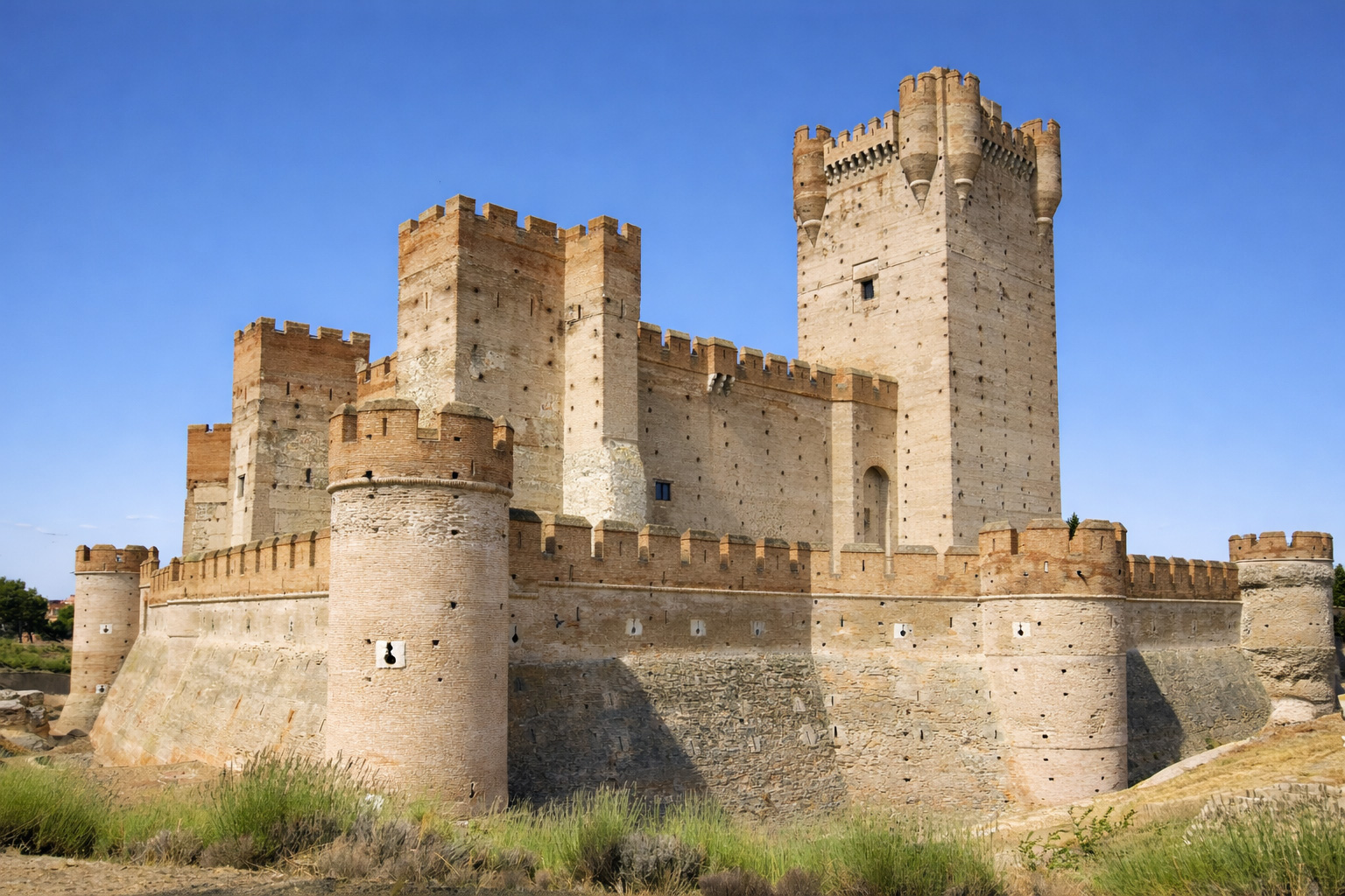 Castillo de la Mota mit massiven sandfarbenen Wehrmauern, runden Bastionen und hohem Bergfried, davor trockene Wiesen und niedrige Sträucher am Burggraben, im kräftigen Sonnenlicht unter klarem blauem Himmel