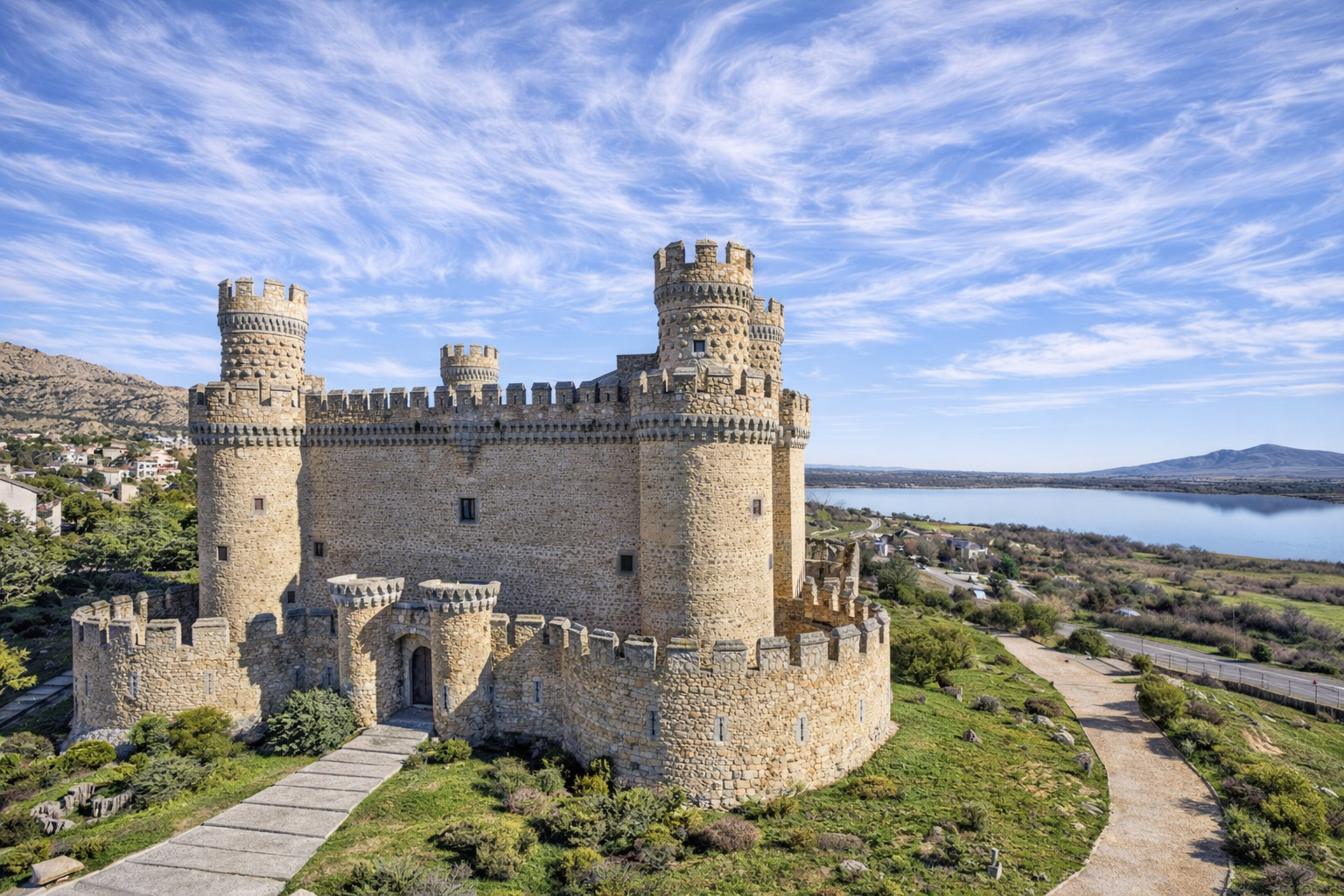 Castillo de Manzanares el Real mit massiven runden Türmen und Zinnenmauern auf einer Anhöhe, davor ein Zugang über einen Weg und gepflegte Grünflächen, im Hintergrund ein See mit Uferlandschaft und Berge unter einem Himmel aus feinen, schleierartigen Zirruswolken
