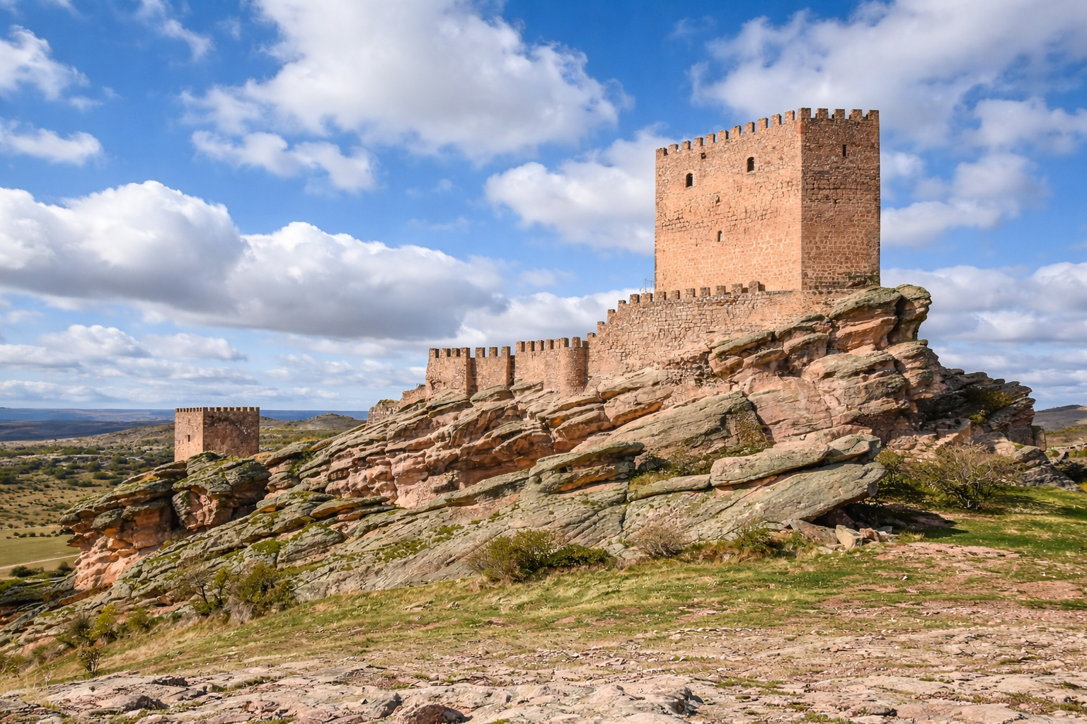 Castillo de Zafra auf einem zerklüfteten Felsrücken mit quadratischem Bergfried und Zinnenmauern, davor karge Grasflächen und steiniger Boden, im Hintergrund weite Hochebene unter hellem Sonnenlicht mit leicht veränderten Wolken