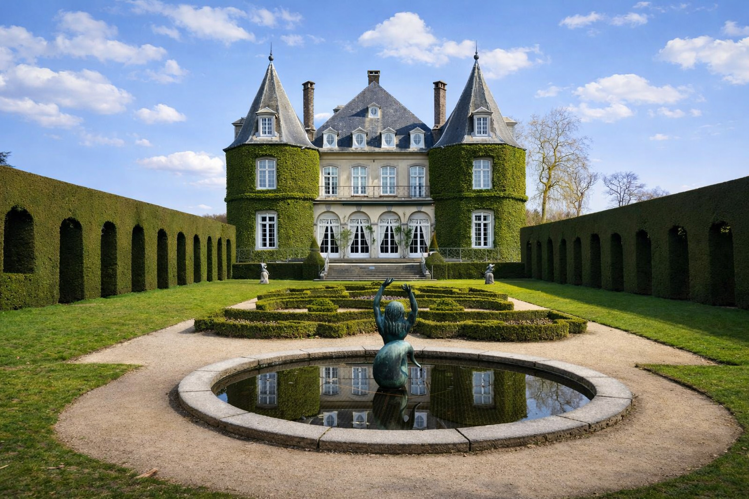 Château de La Hulpe mit efeubewachsenen Rundtürmen und Schieferdach am Ende einer symmetrischen Gartenanlage, geschnittene Hecken und Arkadengänge rahmen den Blick, im Vordergrund ein runder Spiegelteich mit Bronzestatue, klares Sonnenlicht mit kontrastreichen Schatten unter einem Himmel mit leicht veränderten Wolken
