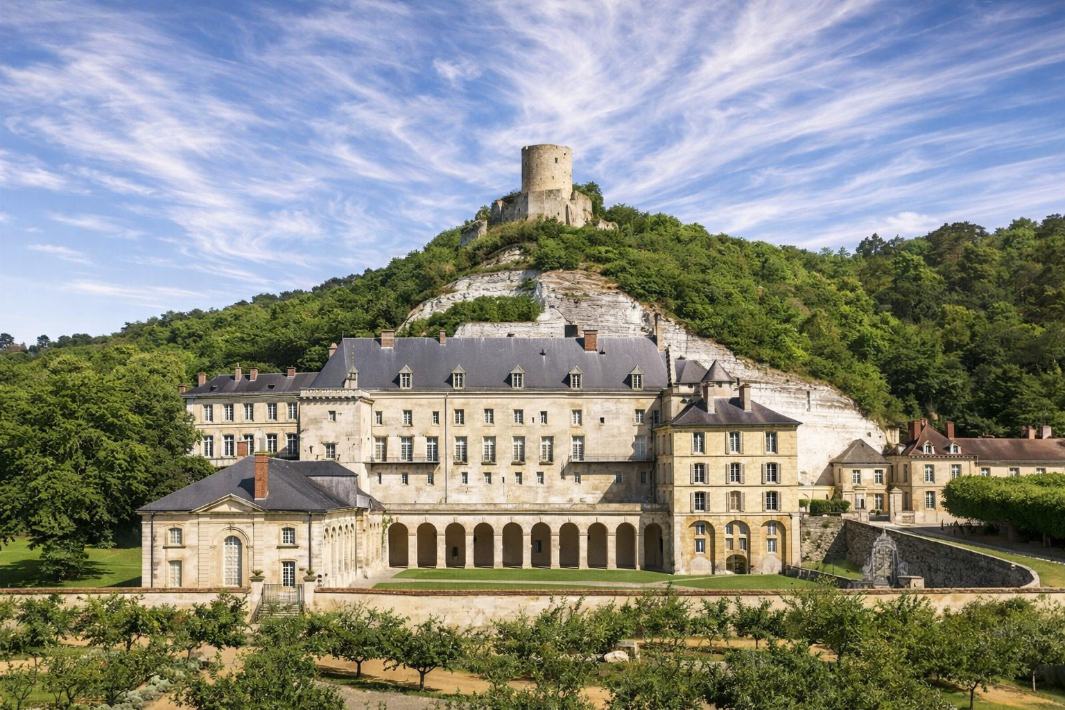 Schlossanlage Château de La Roche-Guyon am Fuß einer bewaldeten Kalksteinklippe mit langem Hauptgebäude, Arkadengang und dem runden Burgturm hoch oben auf dem Hügel unter einem weiten Himmel mit feinen Schleierwolken