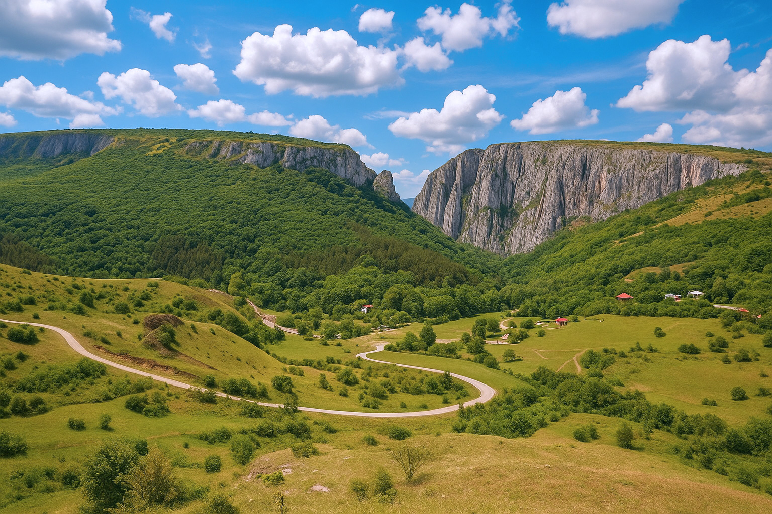 Panorama der Cheile Turzii Schlucht in Rumänien mit geschwungener Straße, grünen Hügeln und malerischen weiß-grauen Wolken
