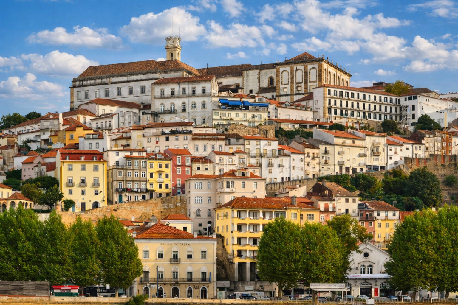 Panoramablick auf Coimbra mit dicht gestaffelten Häusern in Pastellfarben und roten Ziegeldächern am Hang, darüber die Universitätsgebäude mit Uhrturm, davor grüne Baumreihen am Flussufer unter leicht veränderten, lockeren Wolken