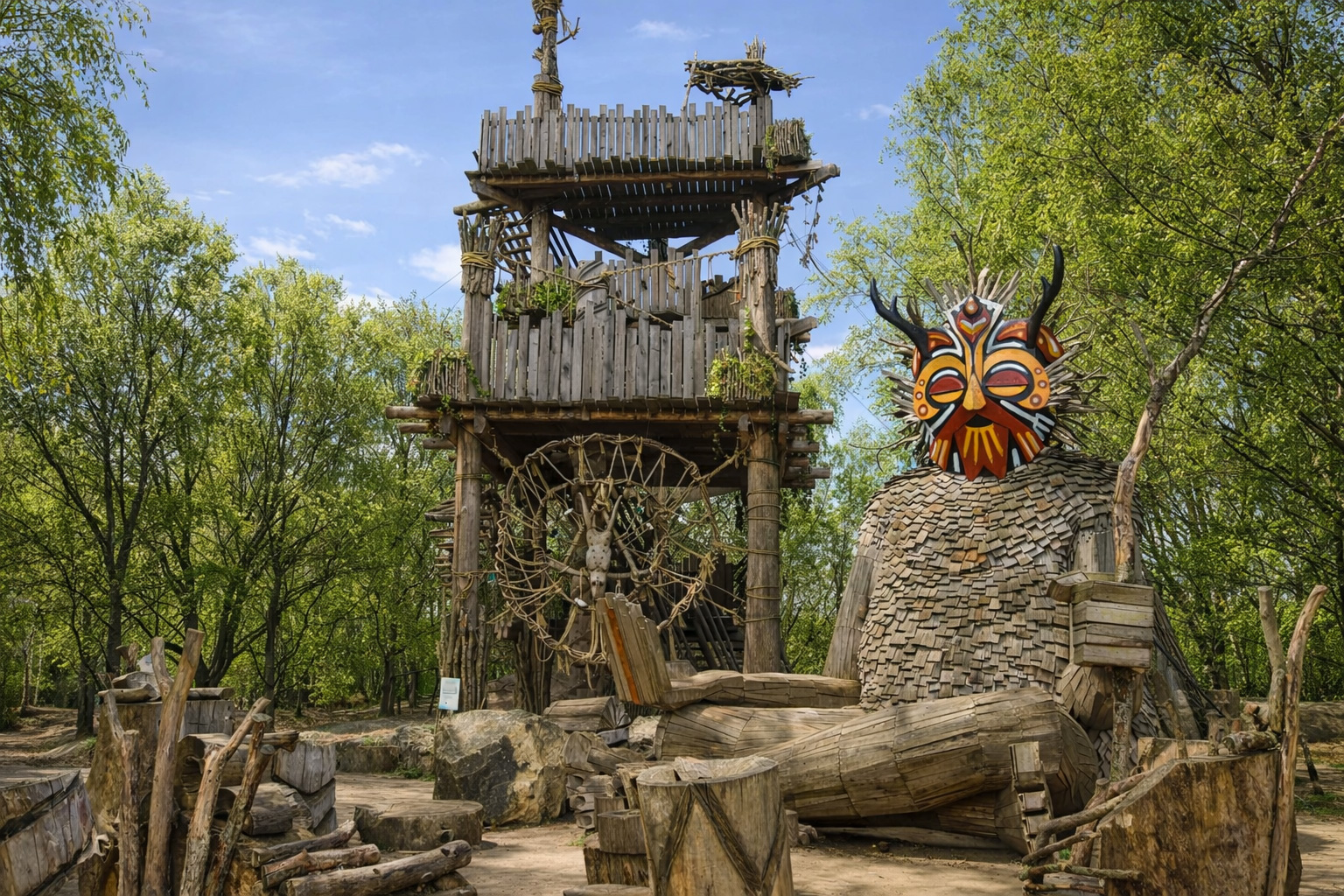 Abenteuerliche Holzlandschaft in einem Park mit mehrstöckigem Aussichtsturm aus Baumstämmen, Seilkonstruktionen und geschnitzten Details, daneben eine große Skulptur mit farbenfroher Tribal-Maske, umgeben von sommerlich grünen Bäumen unter blauem Himmel