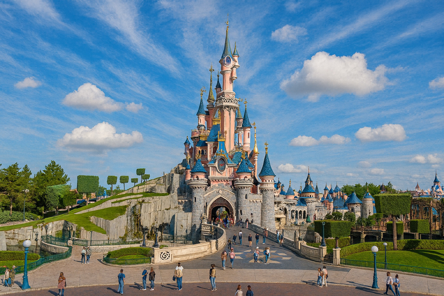 Panorama des Dornröschenschlosses im Disneyland Paris mit Besuchern auf dem Vorplatz unter einem Himmel mit Zirrus- und Cumuluswolken bei Sonnenlicht.