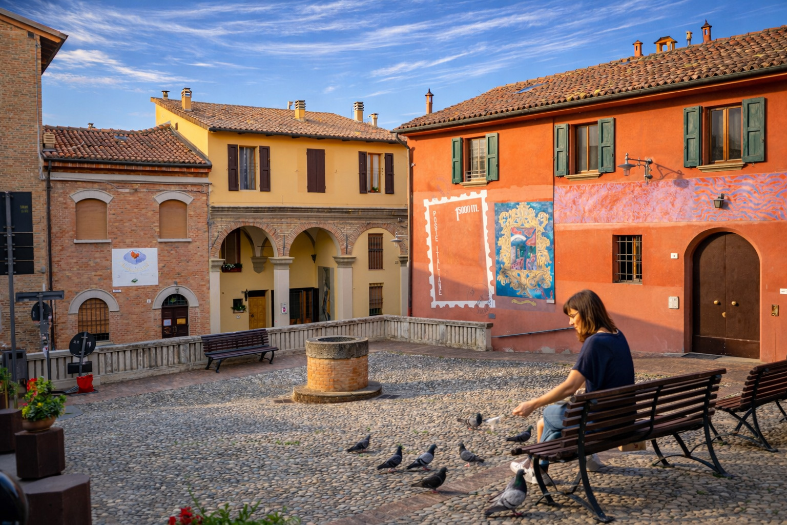 Panoramabild auf im Dorf Dozza mit bemalten Fassaden. Eine Frau füttert Tauben.