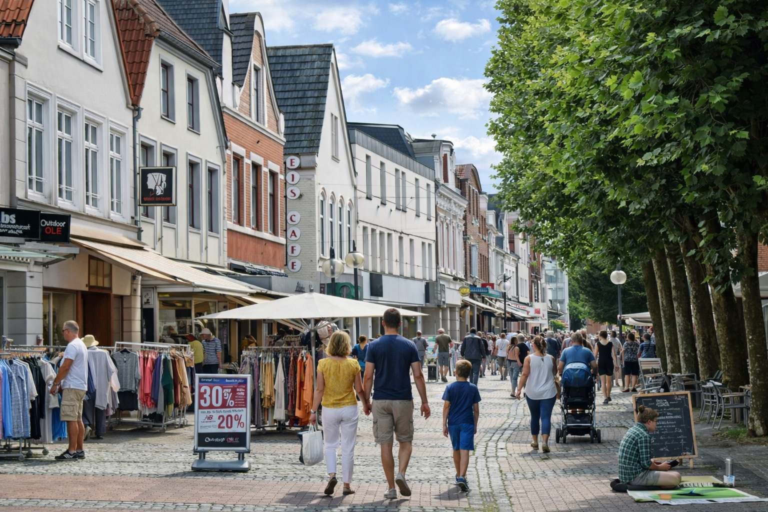 Belebte Fußgängerzone in Eckernförde mit Kopfsteinpflaster, historischen Fassaden und kleinen Geschäften, Kleiderständer und Sonnenschirme stehen vor den Läden, Spaziergänger schlendern durch die Straße, rechts säumen hohe Bäume den Weg, darüber blauer Himmel mit leicht veränderten Wolken bei kräftigem Sonnenlicht