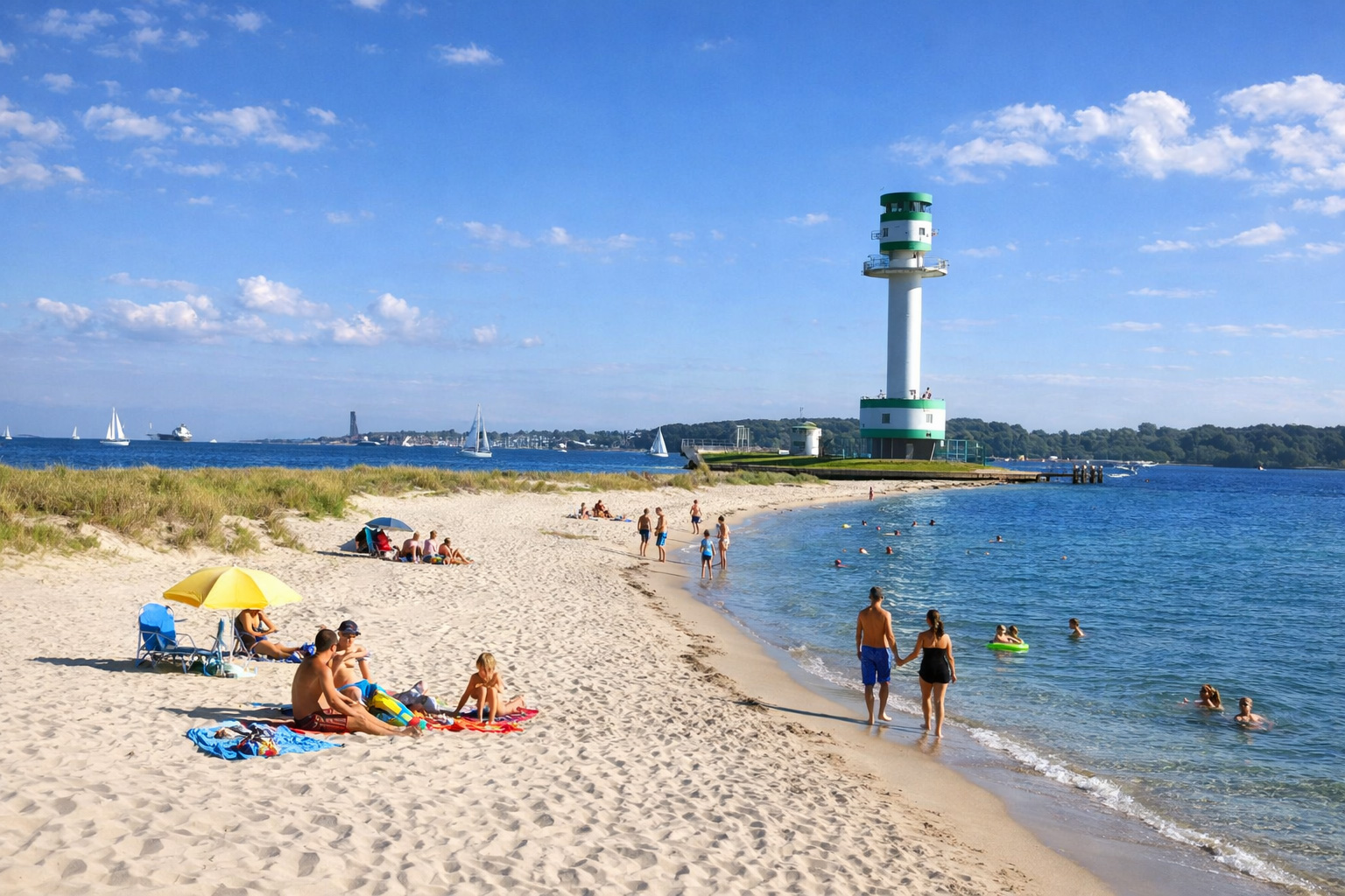 Blick über den sauberen, hellen Sandstrand am Falckensteiner Strand bei Kiel, die Küstenlinie führt zum grün-weißen Leuchtturm an der Spitze, Badegäste liegen im Sand und gehen am Wasserrand entlang, einige schwimmen im ruhigen Ostseewasser, darüber blauer Himmel mit lockeren Wolken