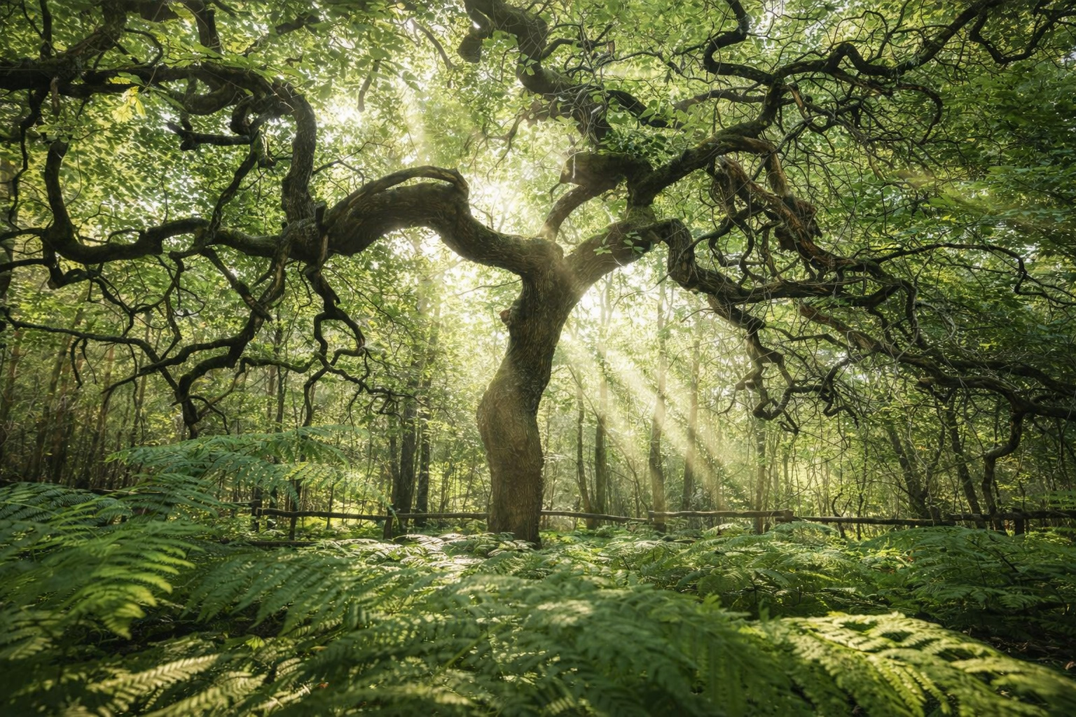Uralter, knorrig gewachsener Baum der Faux de Verzy in dichtem Wald, Farnteppich am Boden und sanfte Sonnenstrahlen, die durch leicht neblige Luft zwischen den Stämmen fallen