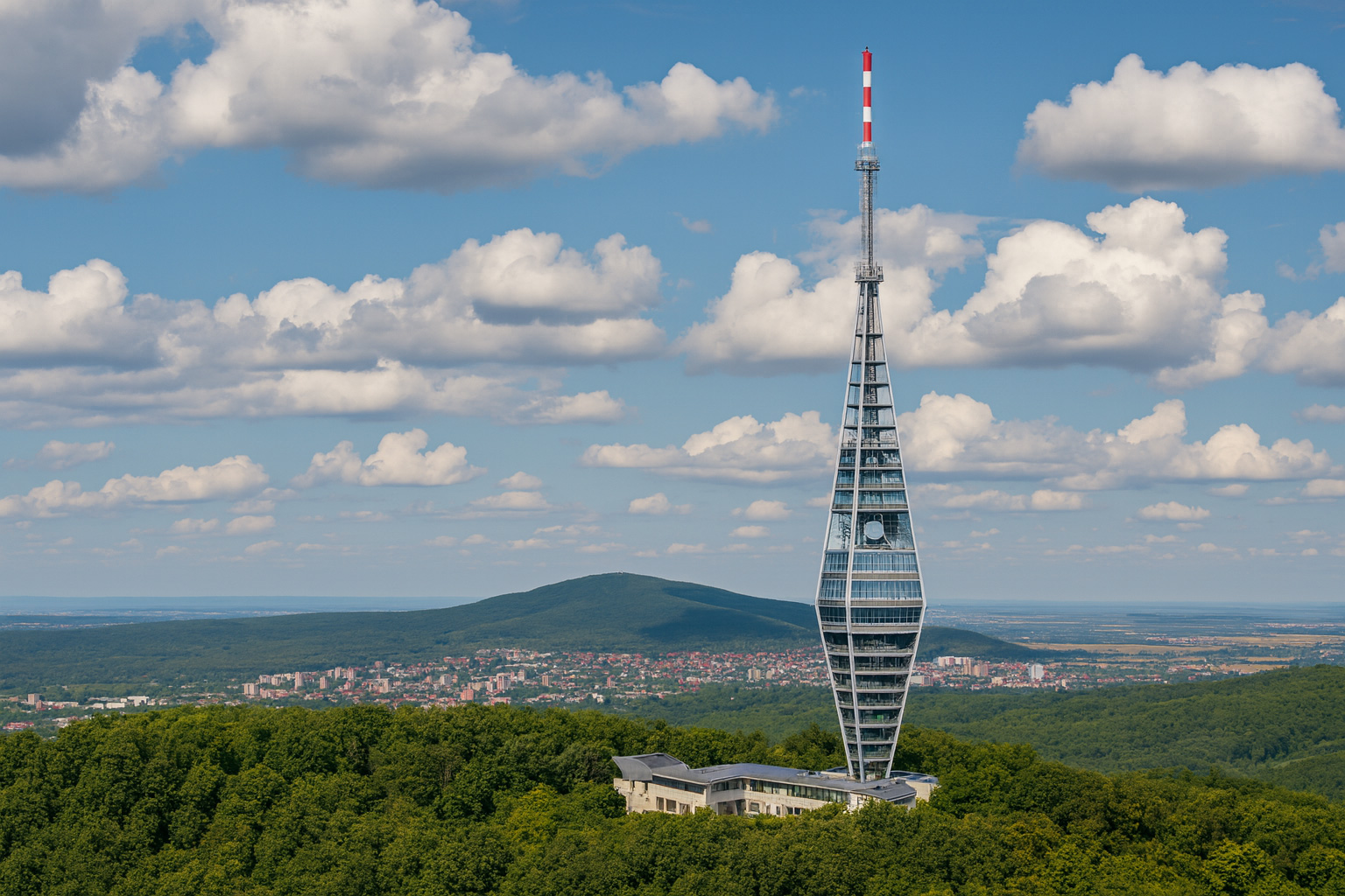 Fernsehturm Bratislava auf dem Kamzík-Hügel mit malerischen weiß-grauen Wolken und sonnigem Wetter