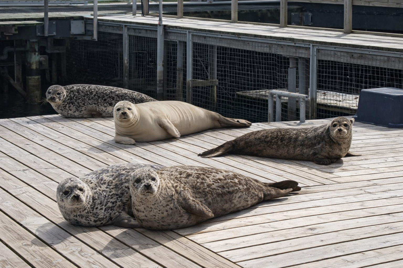 Mehrere Seerobben ruhen auf einer hölzernen Plattform im Fjord&Bælt, im Vordergrund liegen zwei gesprenkelte Tiere nebeneinander, dahinter weitere Robben in unterschiedlichen Positionen, umgeben von Stegkonstruktion, Geländern und Wasserbecken bei neutralem Tageslicht