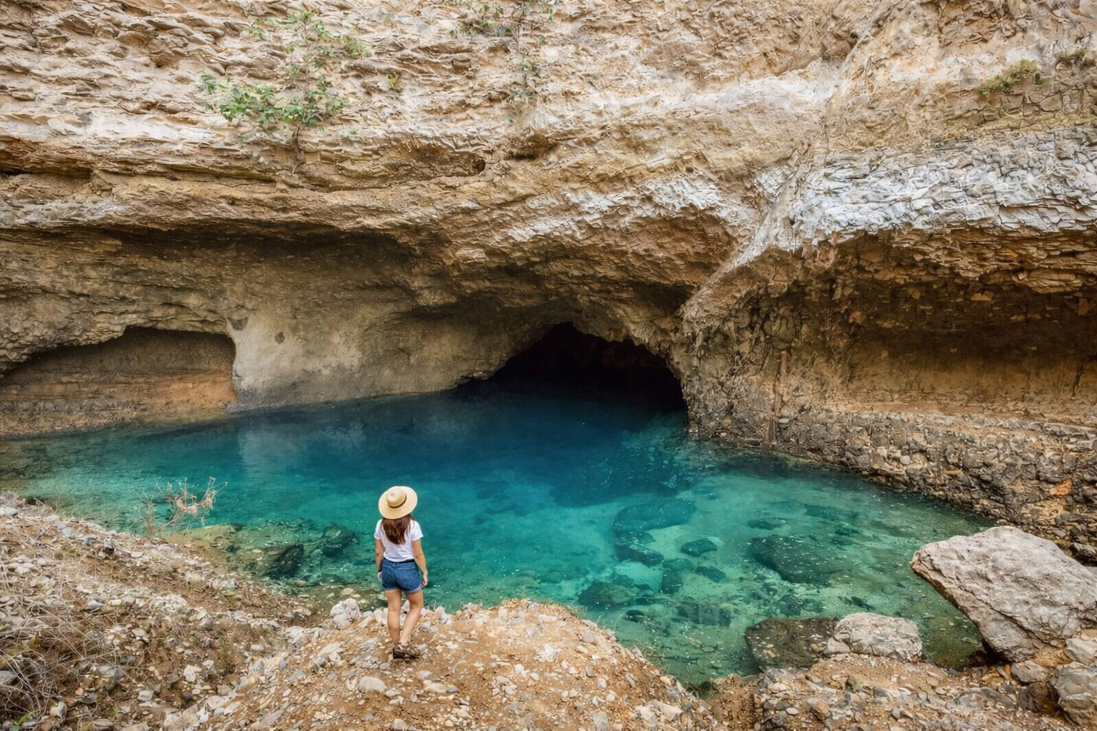 Frau am Rand des unterirdischen Pools Fontaine-de-Vaucluse