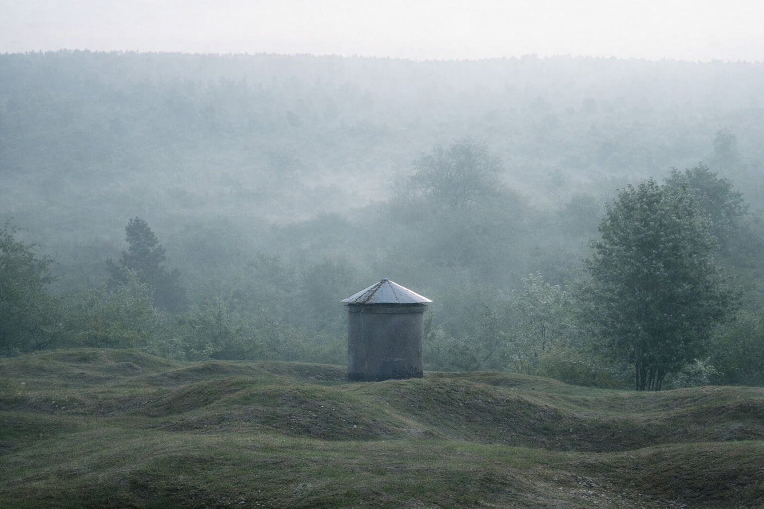 Sanfte, kraterartige Graswellen im Vordergrund mit kleinem rundem Betonbau, dahinter dichter Wald, der in kühlen Morgennebel gehüllt ist und in weichen Graugrün-Tönen in die Ferne ausläuft
