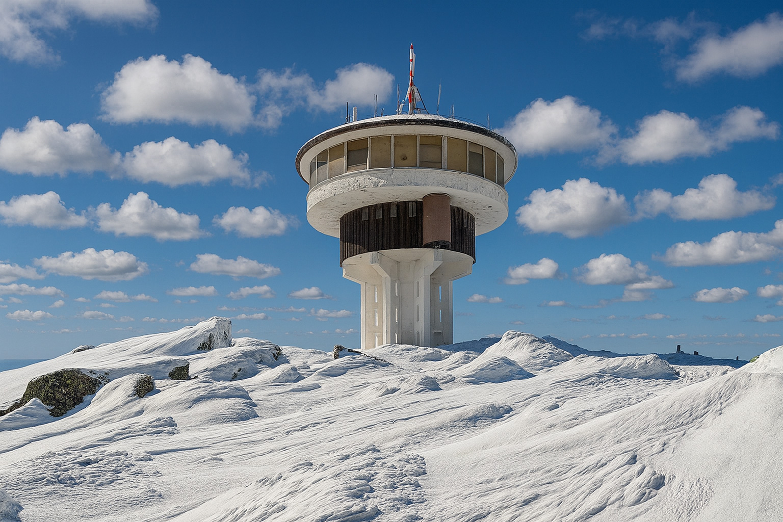 Der Golyam Rezen Peak bei Sofia im Winter mit Schnee und dem futuristischen Observatoriumsturm unter malerischen weiß-grauen Wolken im besten Sonnenlicht.