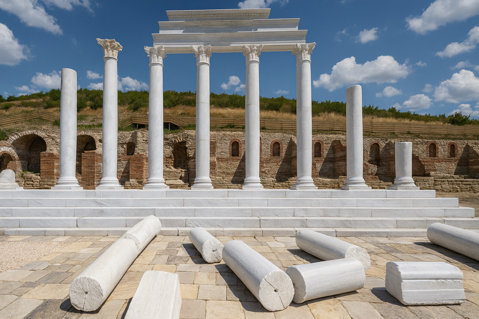 Die antike Ruinenstadt Heraclea Sintica in Griechenland mit weißen Marmorsäulen und römischen Backsteinmauern unter malerischen weiß-grauen Wolken im besten Sonnenlicht.