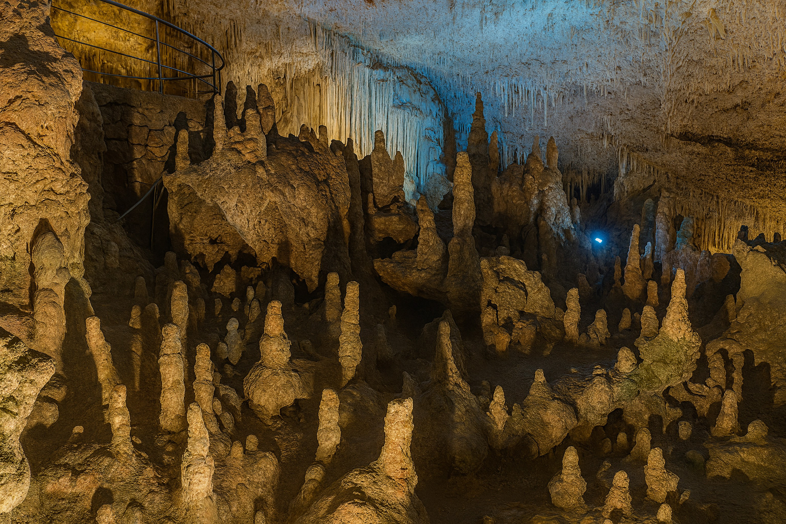 Die Höhle von Perama bei Ioannina in Griechenland mit eindrucksvollen Stalaktiten und Stalagmiten, beleuchtet im warmen Licht mit klar erkennbaren Felsformationen.