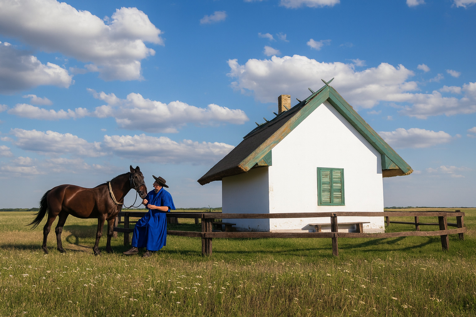 Hortobágy Nationalpark in Ungarn mit Hirte in traditioneller Kleidung neben einem Pferd vor einem weißen Häuschen unter malerischen weiß-grauen Wolken bei Sonnenlicht