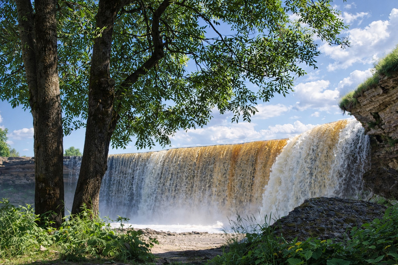 Breiter Wasserfall am Jägala-Fluss, der in einem gleichmäßigen Vorhang über eine Felskante stürzt, eingerahmt von hohen Bäumen und dichtem Grün im Vordergrund, sonniges Licht mit kräftigen Schatten, Gischt über dem Becken und einzelne weiße Wolken am blauen Himmel