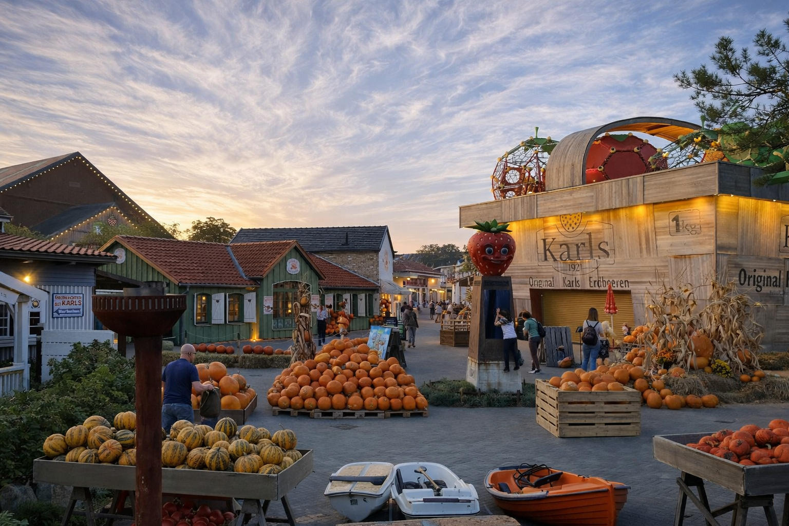 Platz im Karls Erlebnis-Dorf mit herbstlichen Kürbisständen und dekorierten Marktständen, rustikale Holzbauten mit rotem Ziegeldach und großer Erdbeerfigur, Besucher schlendern zwischen den Ständen unter weitem Himmel