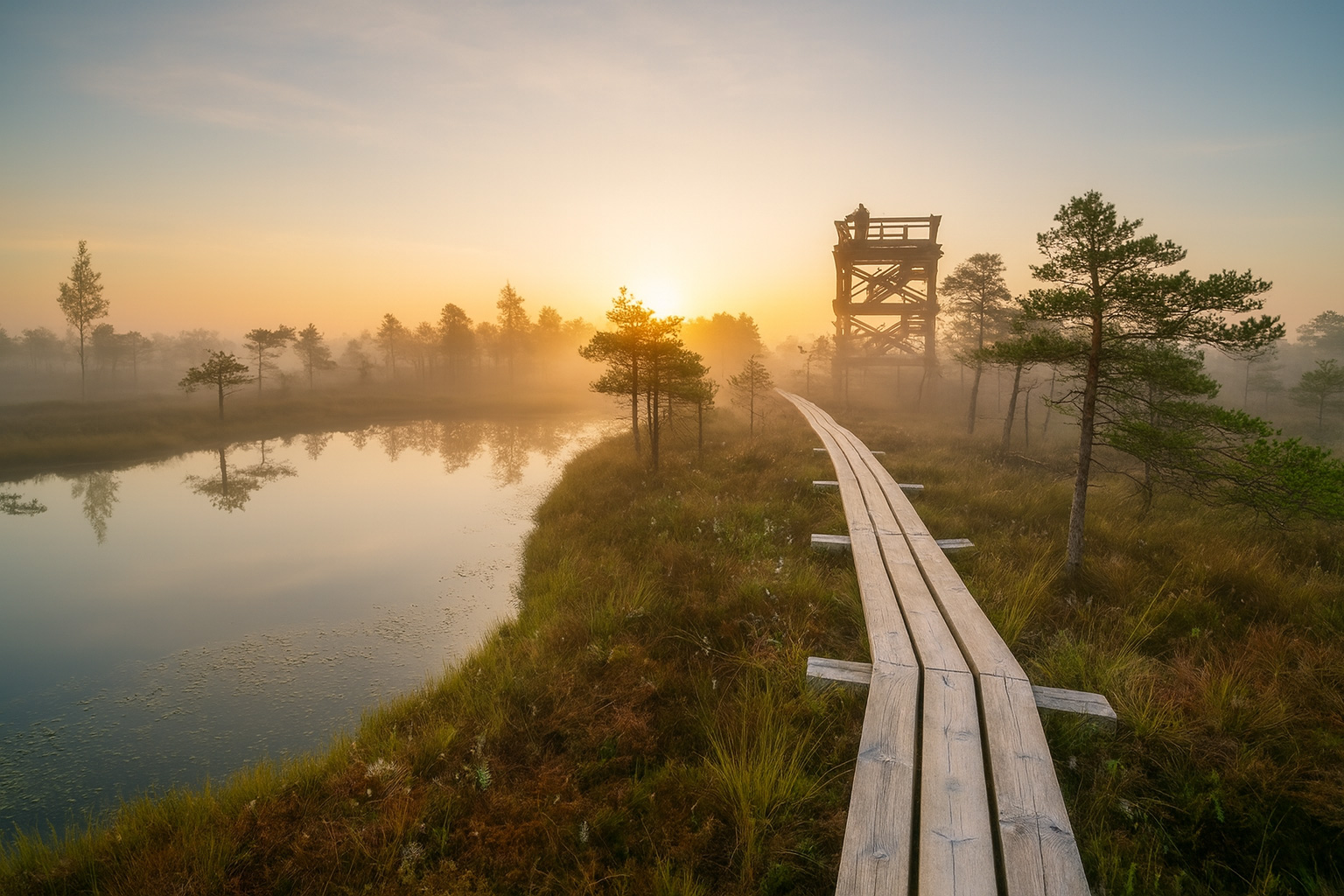 Kemeri Nationalpark bei Riga im Morgengrauen mit Holzsteg, Aussichtsturm und leichtem Bodennebel über den stillen Moorgewässern im Sonnenaufgang.