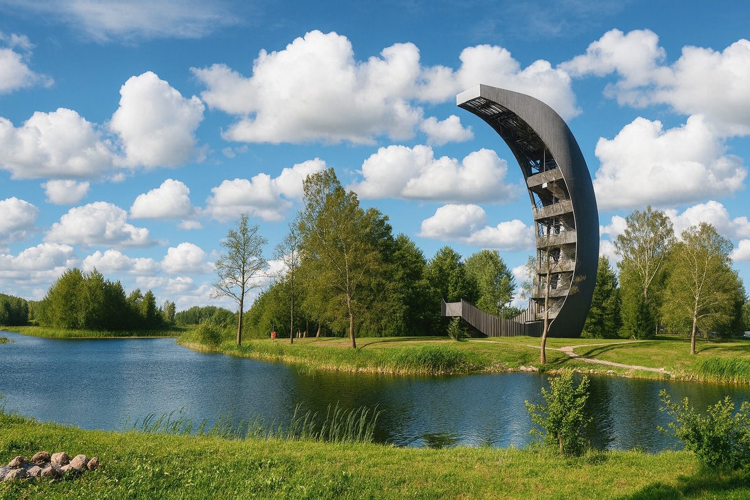 Aussichtsturm an den Kirkilai-Seen bei Bauska mit malerischen weiß-grauen Wolken über den klaren Gewässern im besten Sonnenlicht.