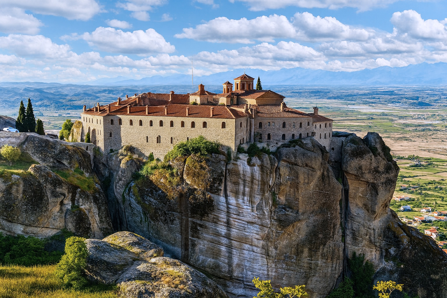 Das Kloster Agios Stéphanos in Meteora, Griechenland, liegt auf einem hohen Felsen unter weiß-grauen Wolken im besten Sonnenlicht mit Blick auf die weite Ebene von Thessalien.