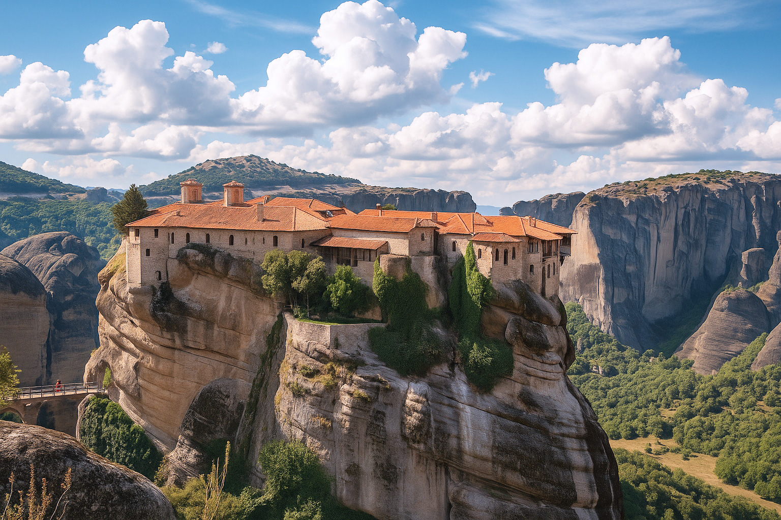 Das Kloster Megálo Metéoro in Griechenland thront auf einem steilen Felsen in der Meteora-Region, umgeben von malerischen weiß-grauen Wolken und sonnig beleuchteter Landschaft