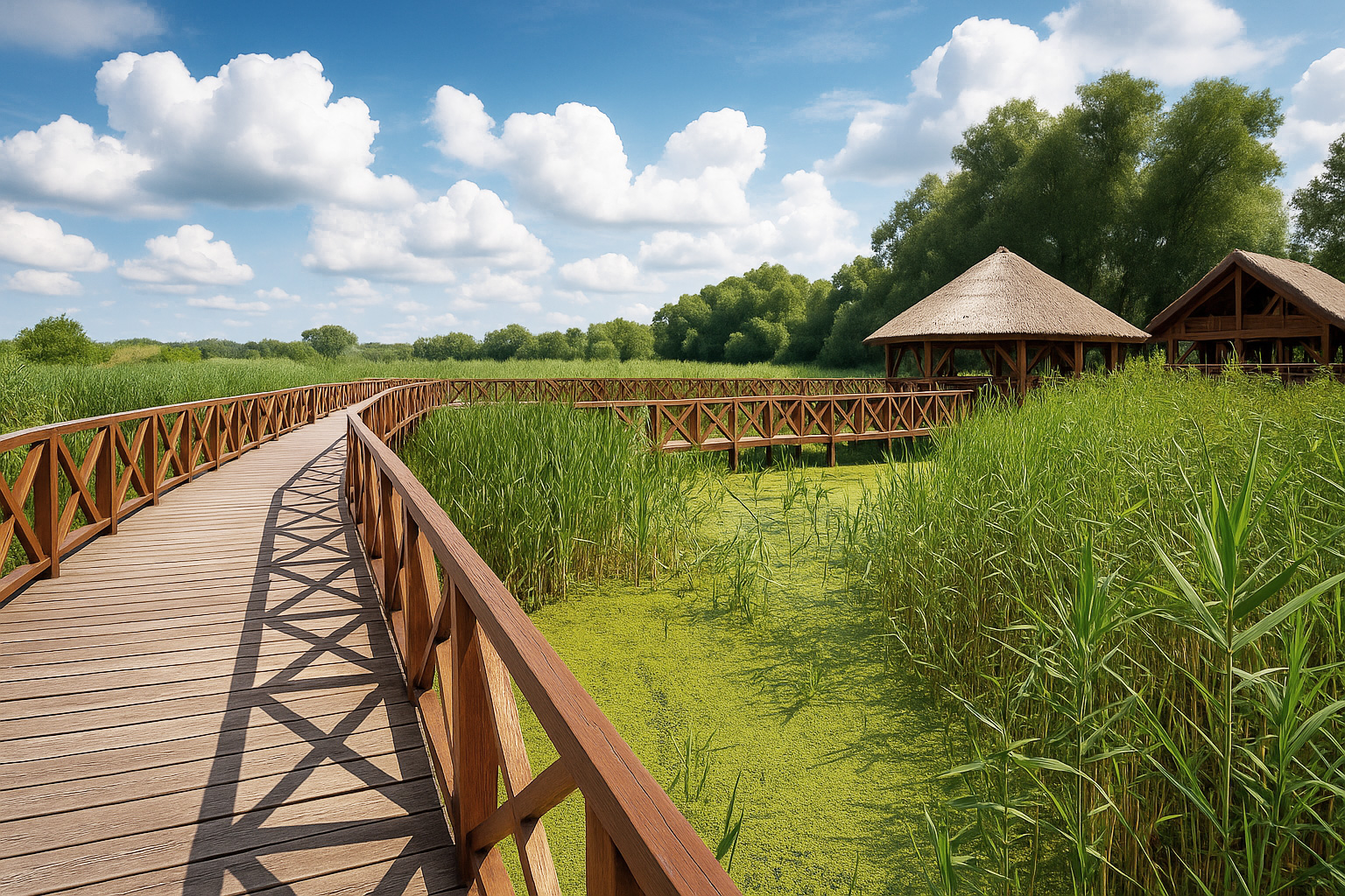 Der Kopački Rit Naturpark in Kroatien mit Holzstegen über grünem Schilf und Wasserflächen unter malerischen weiß-grauen Wolken im besten Sonnenlicht.