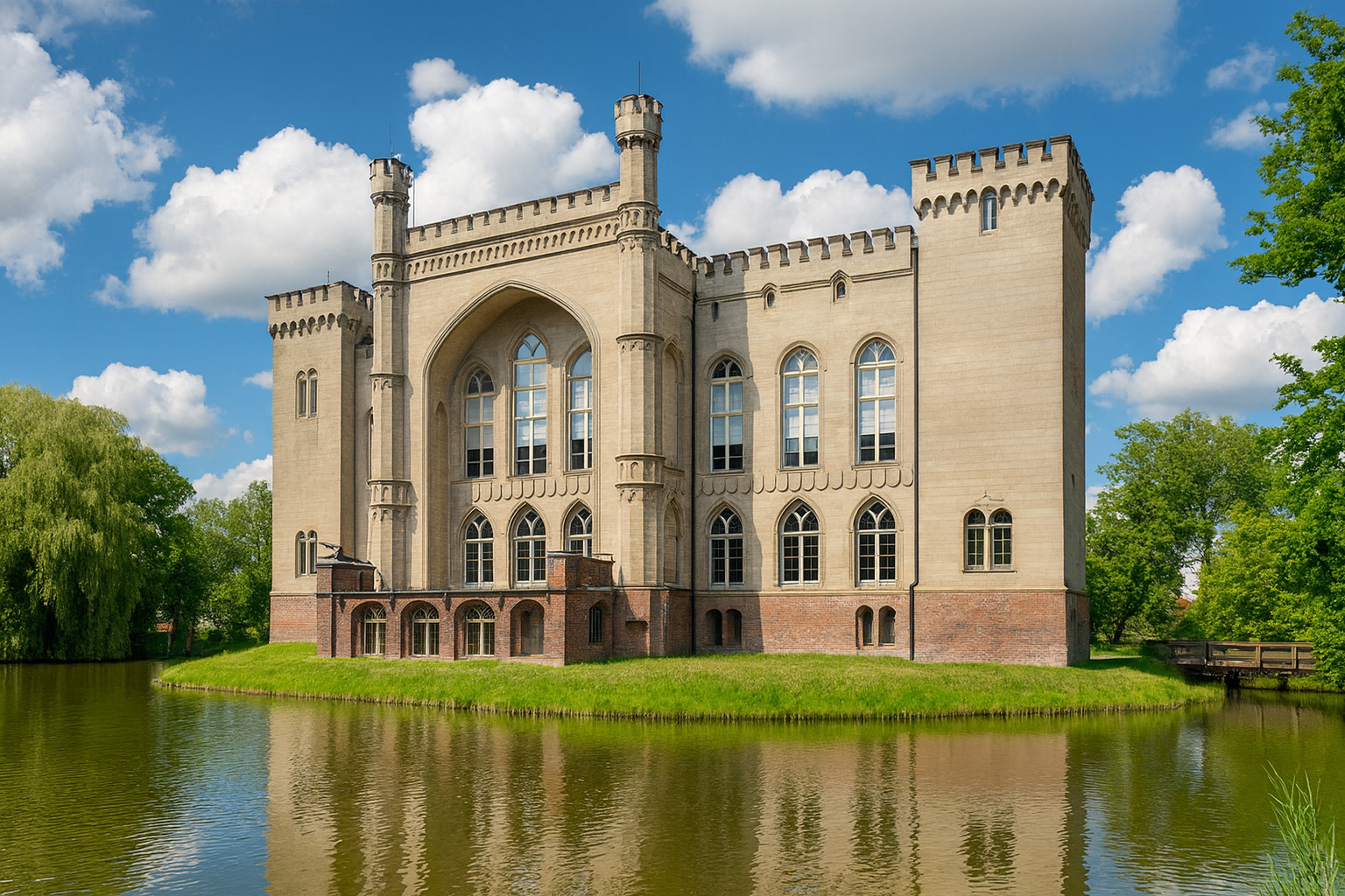 Schloss Kórnik in Polen mit neugotischer Fassade, umgeben von Wassergraben, unter malerischen weiß-grauen Wolken im besten Sonnenlicht.