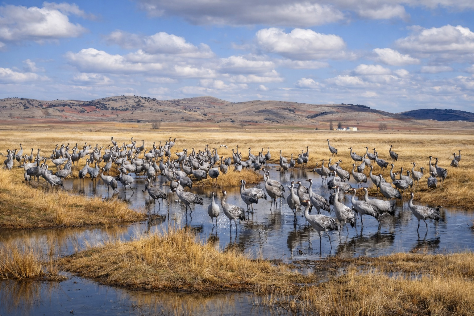 Weite Lagunenlandschaft der Laguna de Gallocanta mit flachen Wasserarmen zwischen goldenen Grasinseln, zahlreiche Kraniche in neu verteilter Anordnung im Vordergrund, dahinter sanfte Hügel und eine kleine weiße Siedlung unter leicht veränderten Wolken