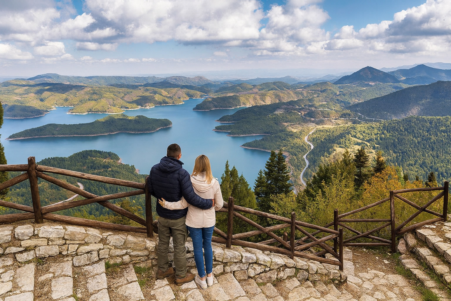 Aussichtspunkt am Lake Plastira in Griechenland mit einem Paar, das den Blick über den See und die umliegenden bewaldeten Berge unter weiß-grauen Wolken im Sonnenlicht genießt.