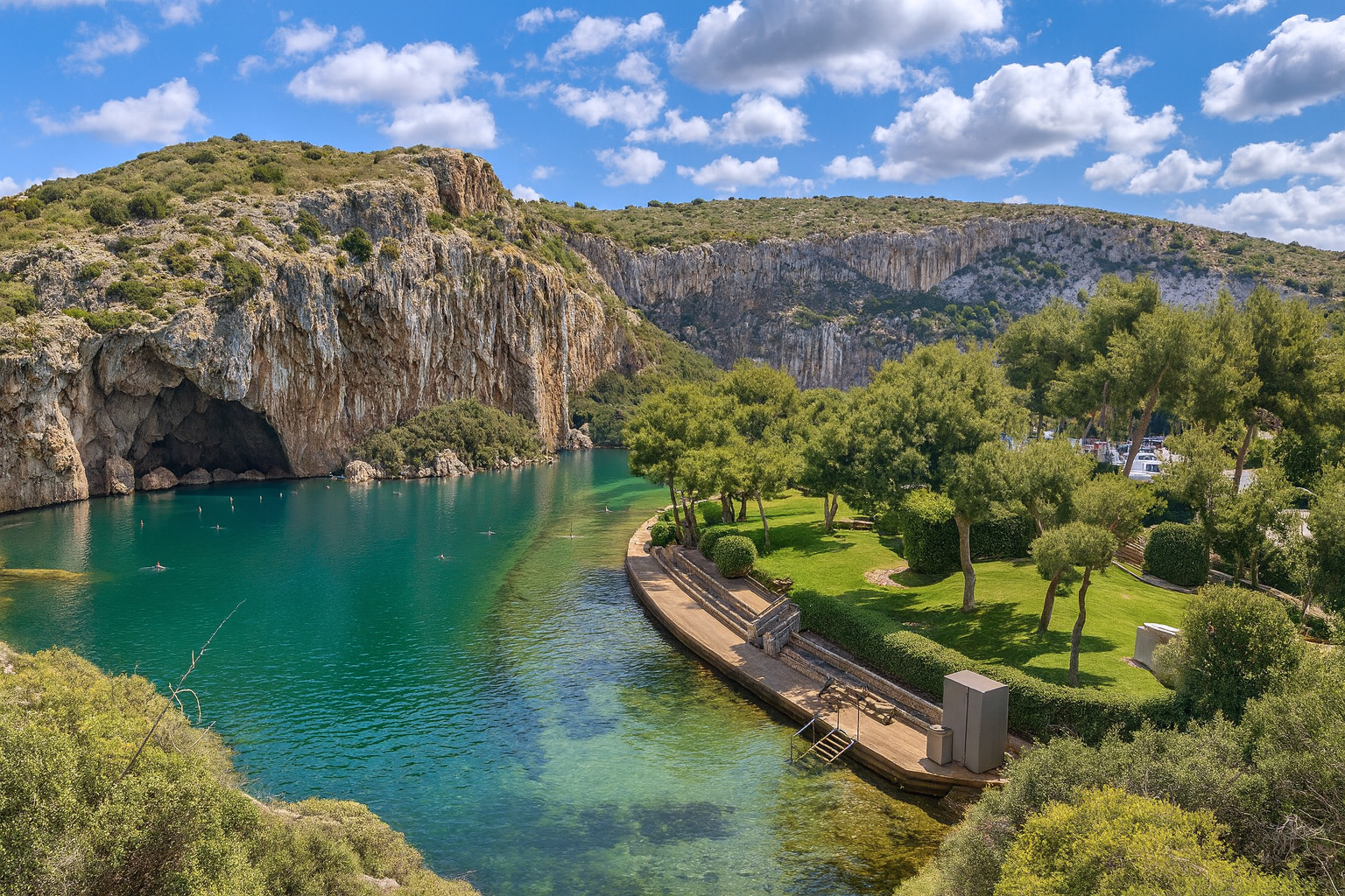 Der Limni Vouliagmeni See bei Athen in Griechenland mit türkisfarbenem Wasser, steilen Felsen und grünen Bäumen unter malerischen weiß-grauen Wolken im besten Sonnenlicht.
